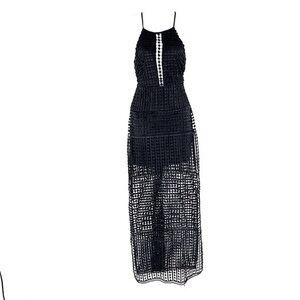 may & july black geo lace halter maxi dress